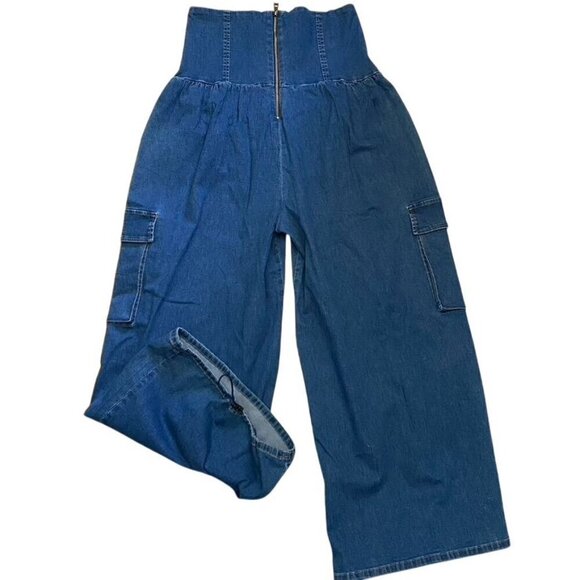 Unbranded NWT Corset Lacing Denim Strapless Jumpsuit Wide Leg Cinch Hem Size Med - Picture 3 of 4